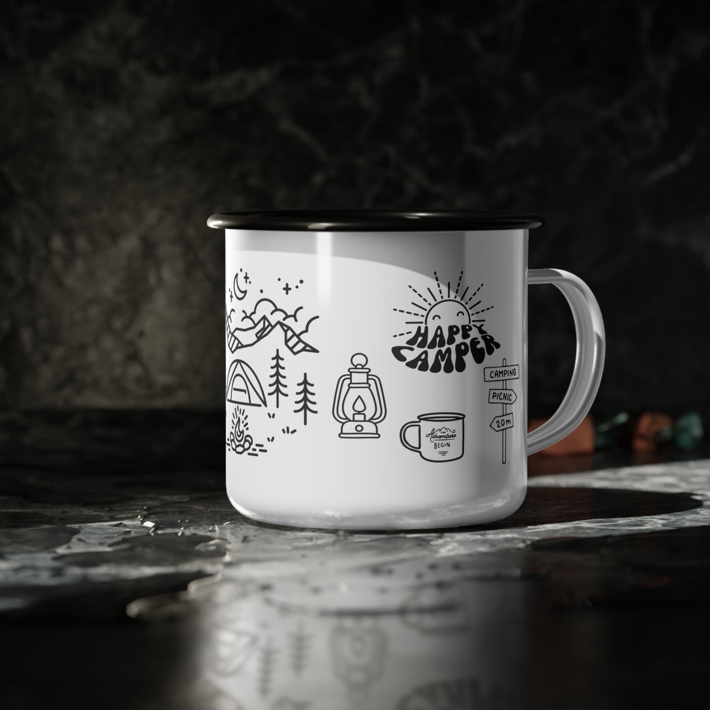 Happy Camper Enamel Cup with Adventure Design, Perfect for Outdoor Lovers, Travel Mugs, Hiking Gear, Campfire Coffee