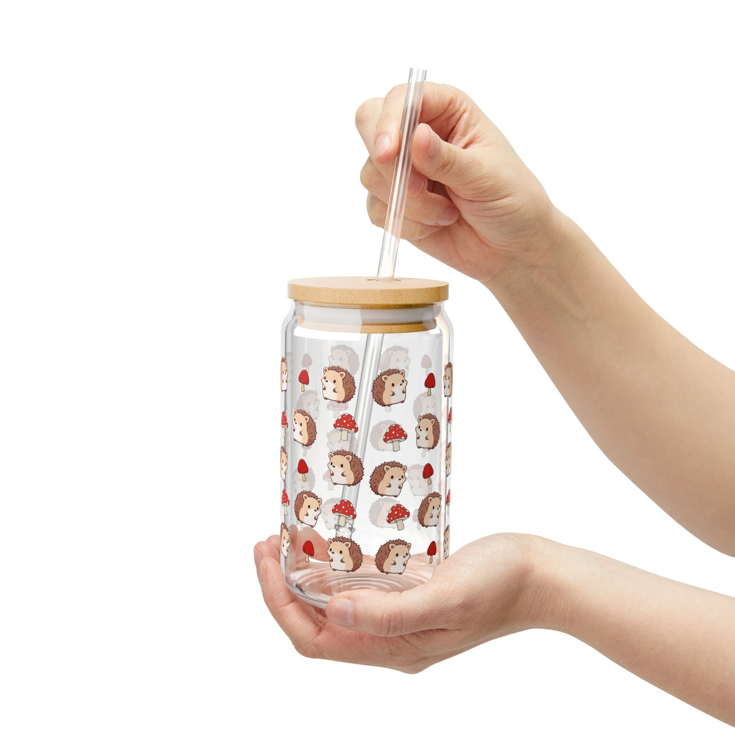 Cute Whimsical Hedgehog Sipper Glass 16oz Eco-Friendly Straw Jar