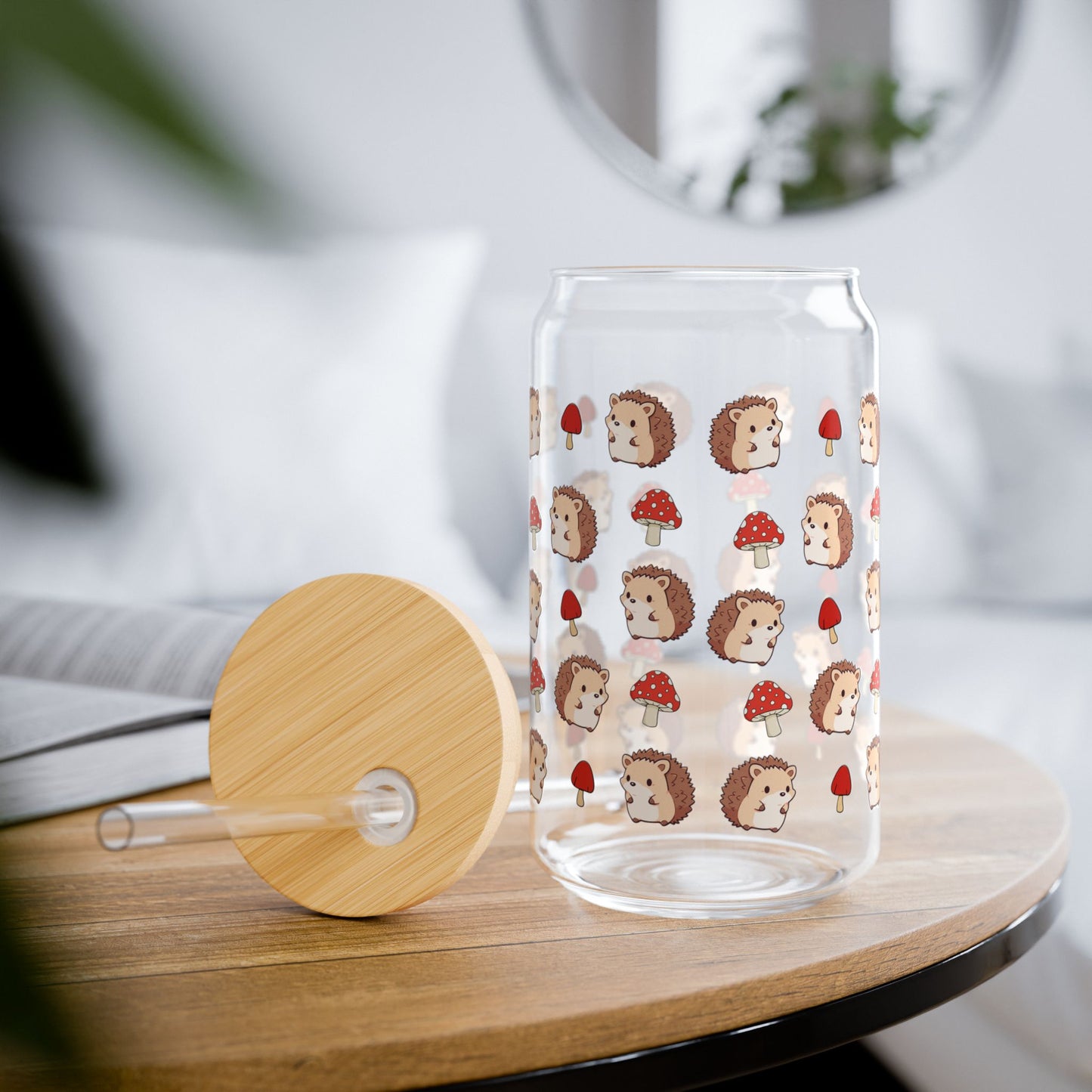Cute Whimsical Hedgehog Sipper Glass 16oz Eco-Friendly Straw Jar