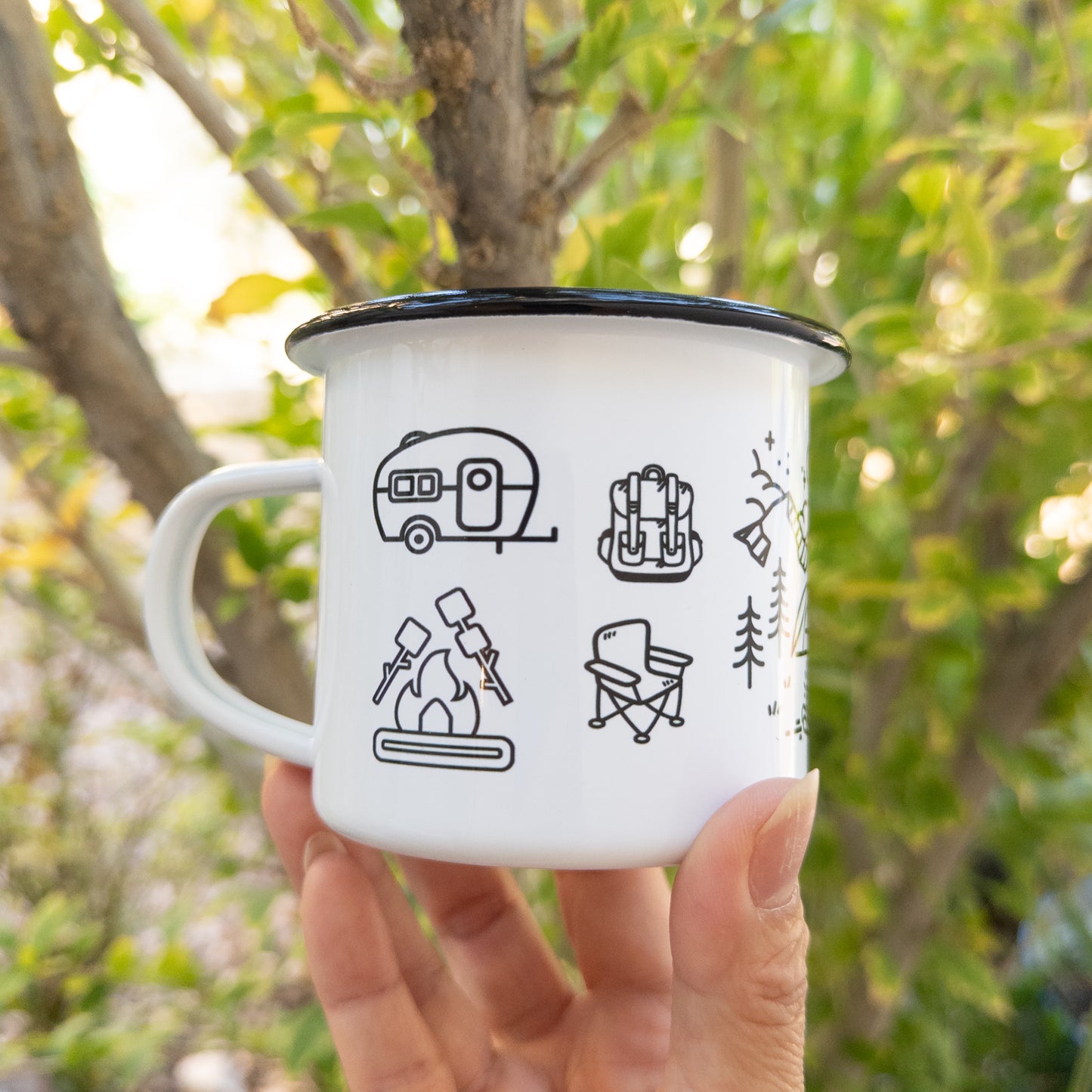 Happy Camper Enamel Cup with Adventure Design, Perfect for Outdoor Lovers, Travel Mugs, Hiking Gear, Campfire Coffee
