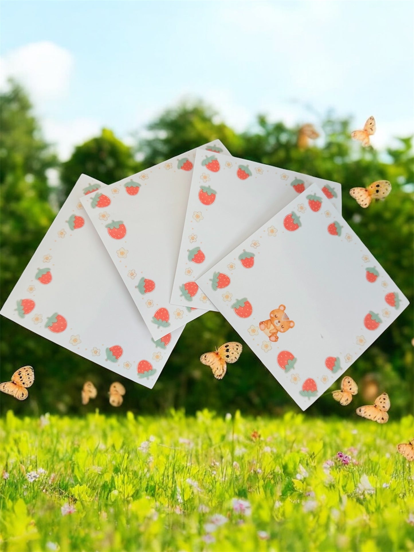 Bear & Strawberries Tear Off Note Pad With Matching 4 Stickers