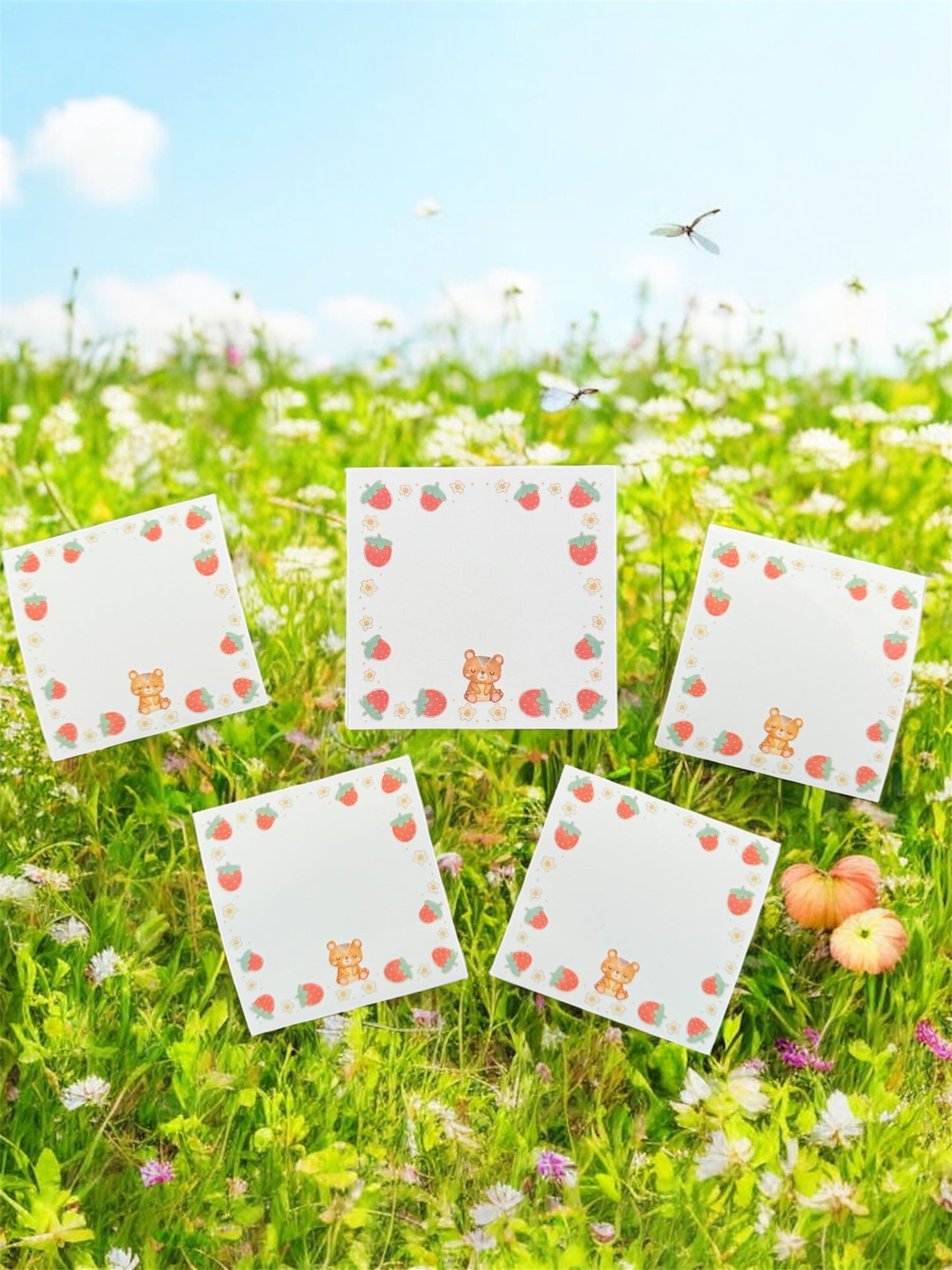 Bear & Strawberries Tear Off Note Pad With Matching 4 Stickers