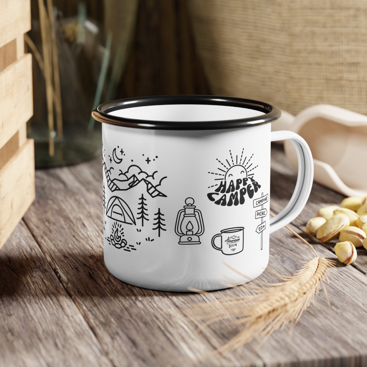 Happy Camper Enamel Cup with Adventure Design, Perfect for Outdoor Lovers, Travel Mugs, Hiking Gear, Campfire Coffee