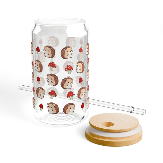 Cute Whimsical Hedgehog Sipper Glass 16oz Eco-Friendly Straw Jar