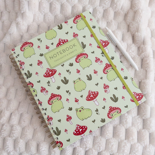 Frog and Mushroom Themed Lined Paper Spiral Notebook Journal Hardcover