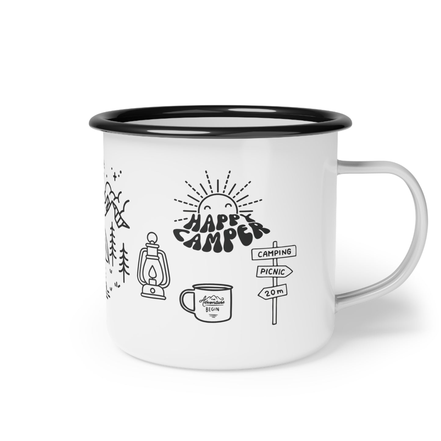 Happy Camper Enamel Cup with Adventure Design, Perfect for Outdoor Lovers, Travel Mugs, Hiking Gear, Campfire Coffee