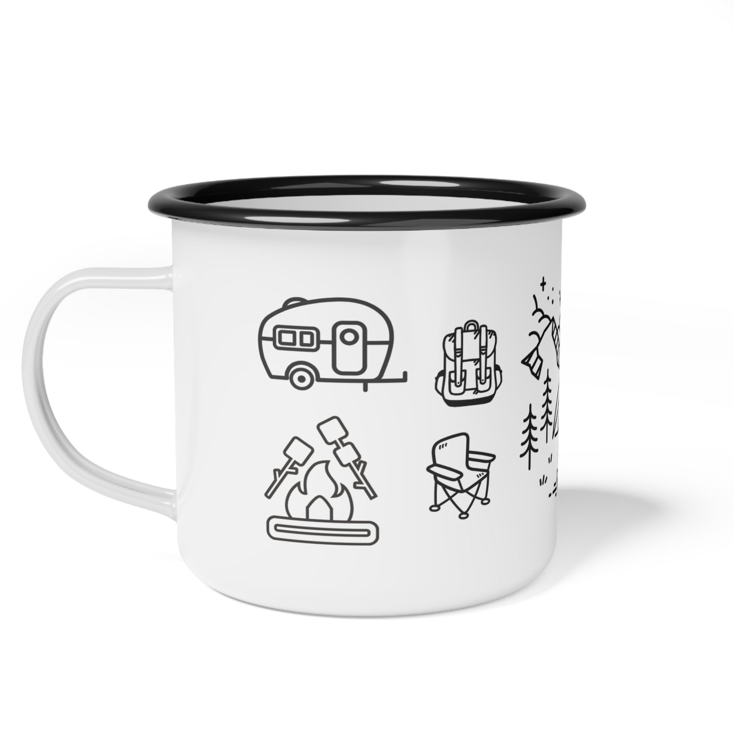 Happy Camper Enamel Cup with Adventure Design, Perfect for Outdoor Lovers, Travel Mugs, Hiking Gear, Campfire Coffee