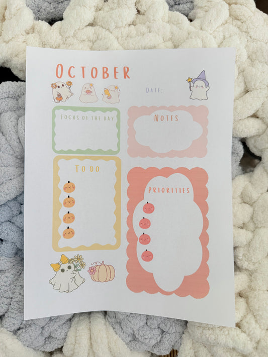 October Daily Planning, To Do's, Priorities, Focus of the Day, Whimsical Ghosts