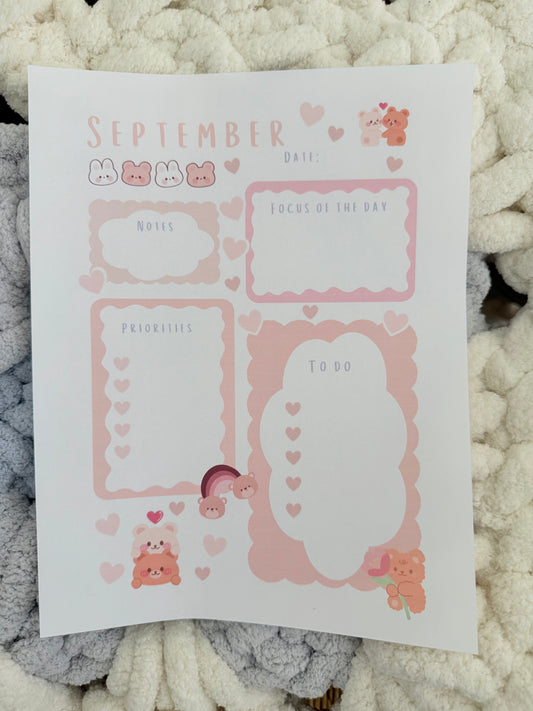 September Daily Planning For Notes, Focus Of The Day, Priorities, and To Do's