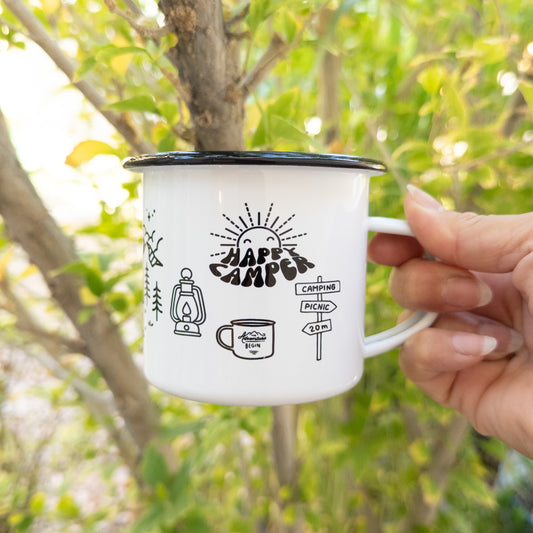 Happy Camper Enamel Cup with Adventure Design, Perfect for Outdoor Lovers, Travel Mugs, Hiking Gear, Campfire Coffee